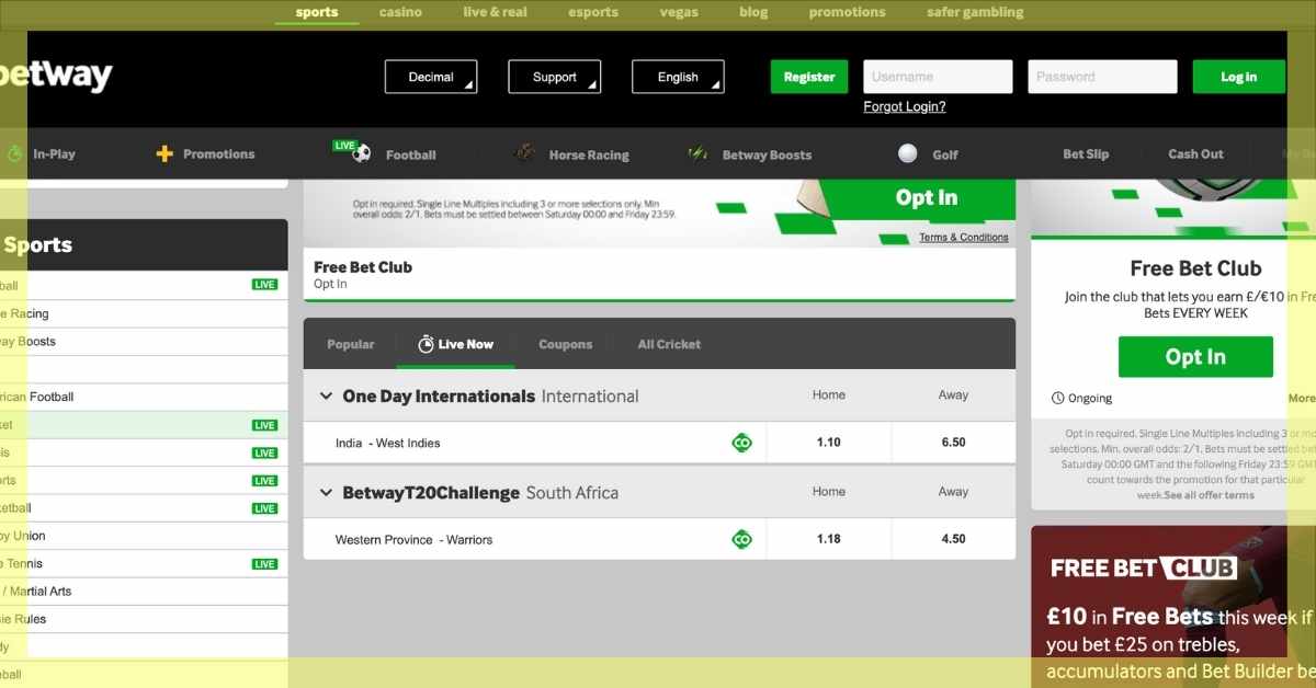 Search for an event on Betway